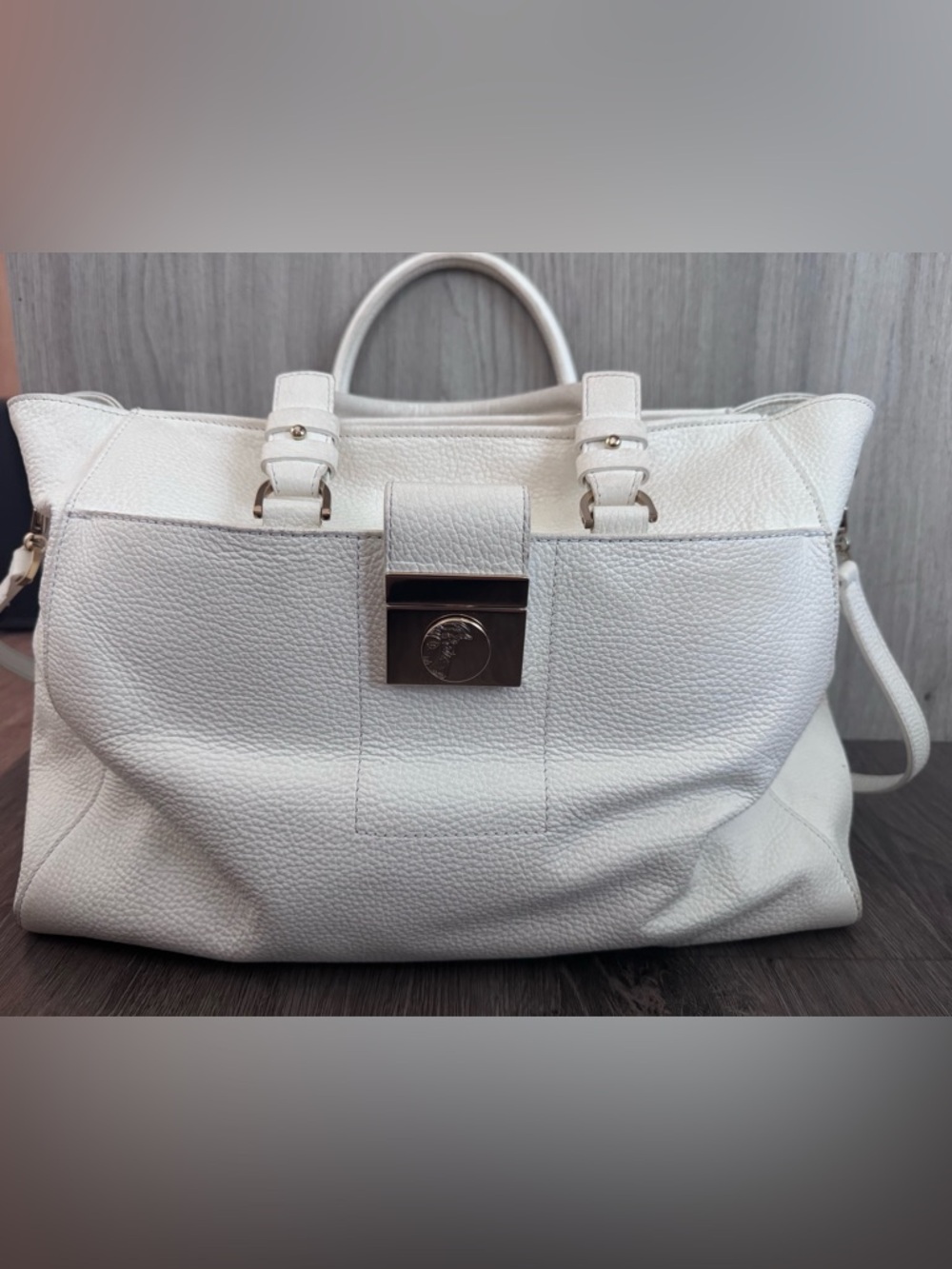 Versace White Leather Tote Bag with Gold Hardware